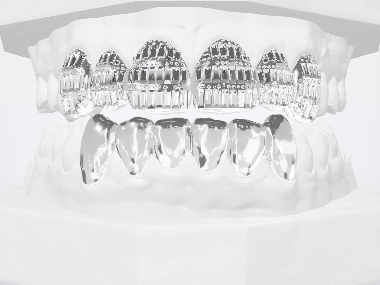 White gold caps fully set with baguette stones
