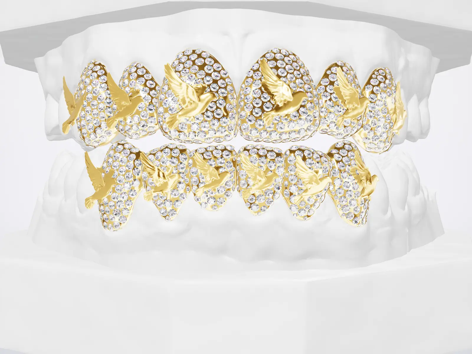 Yellow gold iced out caps with gold bird motifs, upper and lower