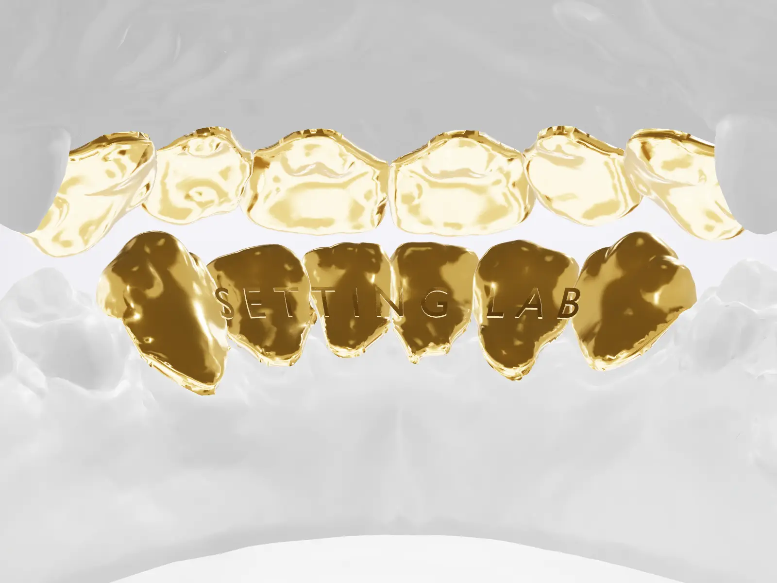Back view of gold caps with SETTING LAB engraved on the inside of the lower set