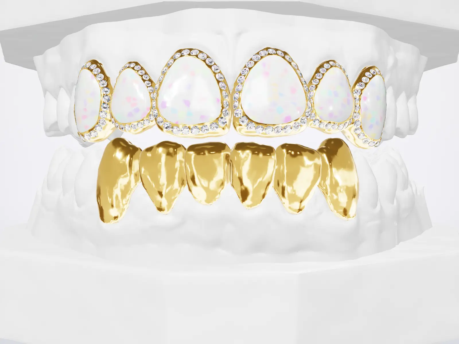 Yellow gold iced open window caps with opal inlays